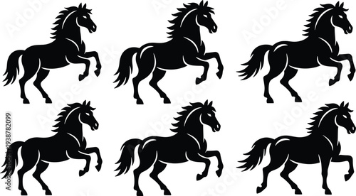 Black horse silhouette collection set of six rearing stallion poses isolated on light background, elegant equine vector illustration for logo design, tattoo, emblem and branding