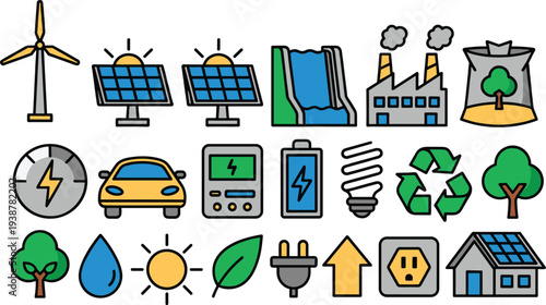 Renewable Energy and Green Technology Icon Set with Solar Panels, Wind Turbine, Hydropower Dam, Electric Car, Recycling Symbol and Eco Elements Vector Illustration