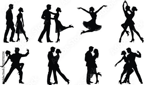 Romantic couple dancing silhouettes collection with ballroom and latin poses, black vector illustration set isolated on white background for love and celebration design