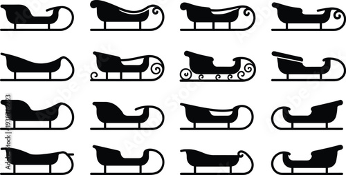 Santa sleigh silhouette collection with vintage Christmas sled designs, black vector icon set isolated on white background for holiday decoration and festive graphics