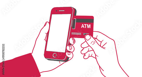 A hand holding a smartphone next to an atm card, illustrating mobile payment technology with a red line drawing