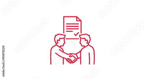 Handshake agreement between two people with a document icon above them in red line art