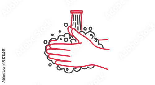 A hand under a faucet with soap bubbles and water flowing