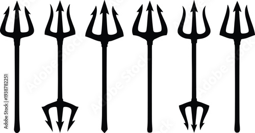 Set of devil trident silhouettes isolated on white background black pitchfork icons collection for Halloween fantasy mythology and dark emblem design Set of devil trident silhouett
