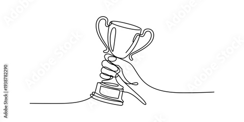Hand holding a trophy cup with one continuous line drawing, award, victory, success concept