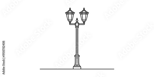 Vintage Double Lamppost Line Art Illustration, Classic Street Light, Outdoor Lighting