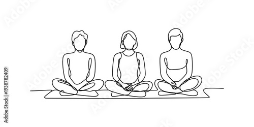 Three people meditating in lotus pose, continuous line drawing, minimalist style