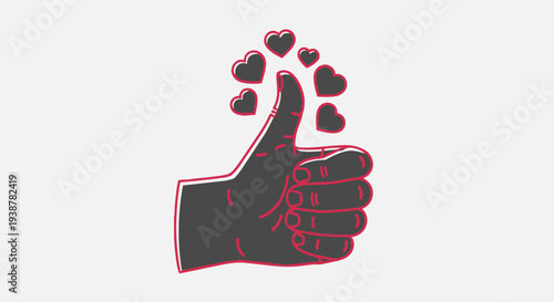 A hand giving a thumbs up with hearts floating above it in a graphic design