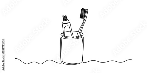 Minimalist Line Art Toothbrush and Toothpaste in Holder, Dental Hygiene Concept