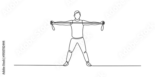 Man doing exercise with resistance band, one line drawing, fitness workout