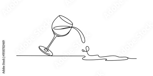 Continuous Line Drawing of Spilled Wine Glass with Liquid Splash