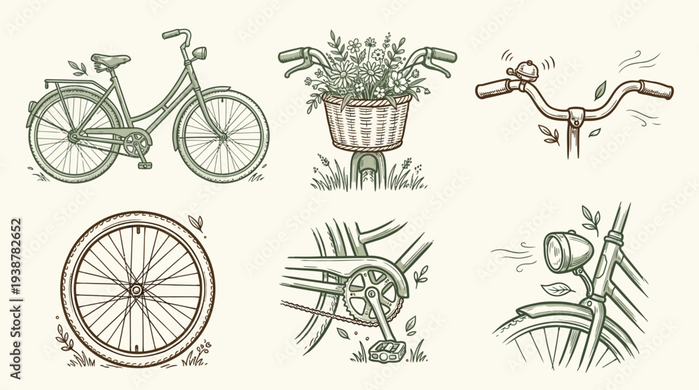 Obraz premium A charming collection of vintage bicycle illustrations, showcasing various parts and a complete bike adorned with flowers.