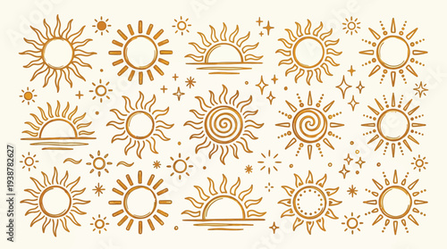A collection of hand-drawn sun illustrations in various styles, including full suns, sunrises, and abstract representations, all in a warm, golden hue against a cream background.