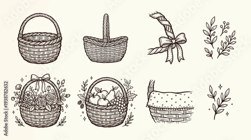 A collection of hand-drawn illustrations featuring various wicker baskets, decorative elements like bows and foliage, and items such as flowers and fruits, presented in a vintage sketch style.