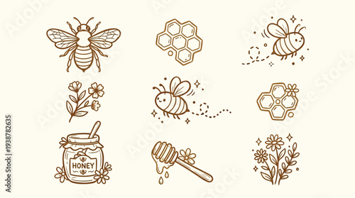 A charming collection of hand-drawn illustrations featuring bees, honeycombs, flowers, and a jar of honey, perfect for a sweet and natural theme.