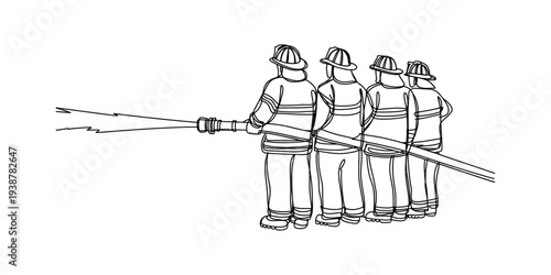 Firefighters Team Holding Water Hose Spraying Water, Firefighting Action Illustration