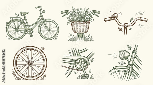 A charming collection of vintage bicycle illustrations, showcasing various parts and a complete bike adorned with flowers.