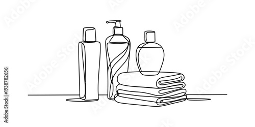 Minimalist Bathroom Essentials: Lotion, Soap, and Towels, Single Line Drawing