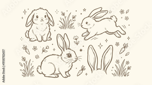 Charming Hand-Drawn Sketch of Adorable Bunnies in Various Poses Surrounded by Spring Elements.