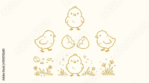 A charming collection of adorable golden chicks and cracked eggshells, set against a soft cream background with delicate floral accents and scattered pebbles.