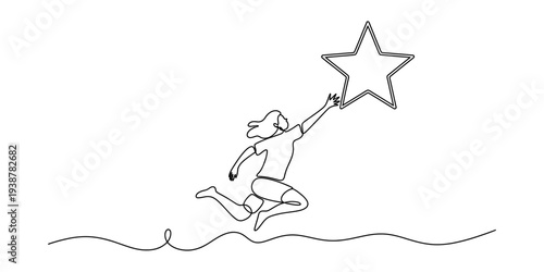 Woman Reaching for Star - Single Line Drawing of Success and Ambition