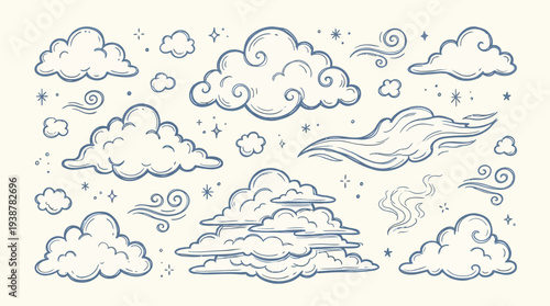 A whimsical collection of hand-drawn clouds and wind swirls, rendered in a charming sketch style on a textured cream background.