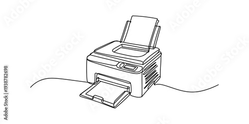 Minimalist line art of a laser printer with paper in tray and output, office equipment illustration.