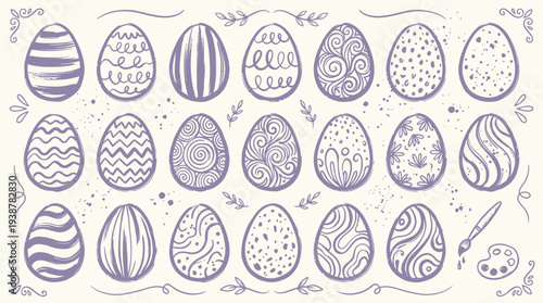 A collection of intricately decorated Easter eggs with various patterns and designs, presented in a charming, hand-drawn style.