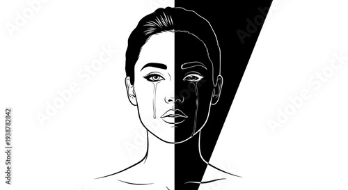 A striking monochrome illustration of a woman's face depicting emotional contrast and inner turmoil