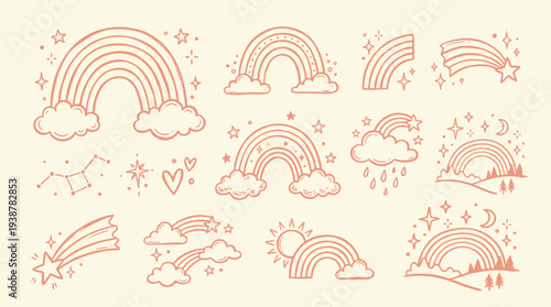 A charming collection of hand-drawn rainbow illustrations, featuring clouds, stars, shooting stars, and celestial elements, rendered in a warm, earthy tone.