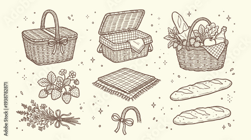 A charming hand-drawn illustration of picnic essentials, including wicker baskets, fresh bread, fruits, vegetables, and a bouquet of flowers, set against a light background with sparkling accents.