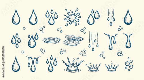 Collection of hand-drawn water drop illustrations, splashes, ripples, and drips in various dynamic forms.