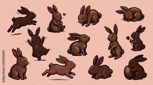 A charming collection of various chocolate Easter bunnies, each depicted in a unique pose against a soft pink background.