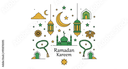 Festive Ramadan Kareem Celebration Design with Traditional Islamic Symbols and Decor Elements