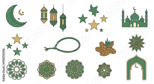 Islamic Geometric Patterns, Crescent Moon, Stars, Lanterns, Mosque, Dates, Rosary, and Archway Icons