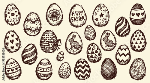 A collection of hand-drawn Easter eggs with various decorative patterns and motifs, presented in a vintage sketch style.