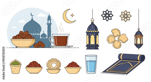 Ramadan Icons Mosque, Dates, Sweets, Prayer Mat, and Lanterns Collection for Islamic Celebrations