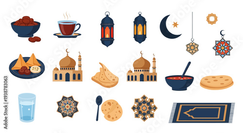Ramadan Icons Collection Mosques, Food, Lanterns, and Prayer Mat