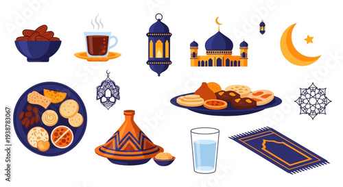 Ramadan and Eid essentials a vibrant set of iftar food, sweet dates, lanterns, mosque, and prayer mat, illustrating rich cultural traditions