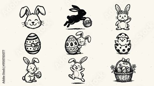 A charming collection of hand-drawn Easter-themed illustrations featuring playful bunnies and decorated eggs, perfect for festive designs.