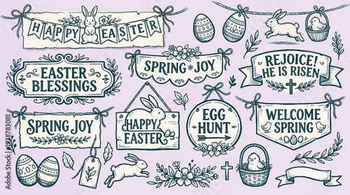 A collection of hand-drawn Easter and Spring themed decorative elements, including banners, signs, eggs, bunnies, chicks, and crosses, rendered in a vintage, sketchy style.
