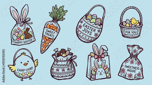 A charming collection of hand-drawn Easter-themed treats and gifts, featuring candy-filled bags, baskets, and a cute chick.