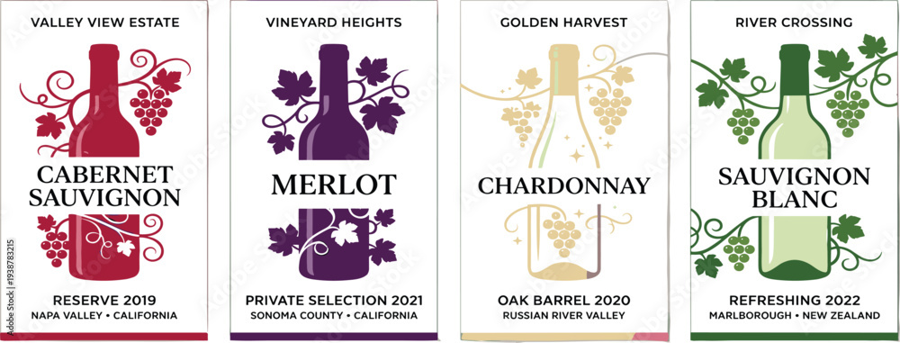 Fototapeta premium Assorted wine labels featuring various grape varieties and vineyards displayed on a white surface from a straightforward viewpoint