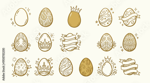Collection of ornate golden Easter eggs with crowns, ribbons, and decorative patterns, presented on a light background.