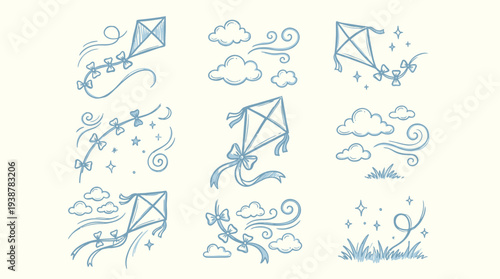 A charming collection of hand-drawn blue kite illustrations with clouds and wind elements, perfect for whimsical designs.