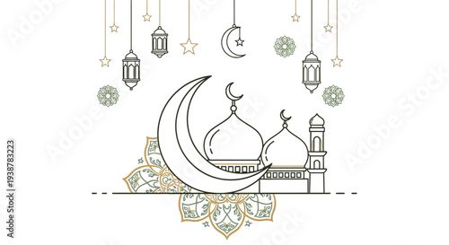 Ramadan Kareem Islamic Crescent Moon and Mosque Illustration with Hanging Lanterns and Stars