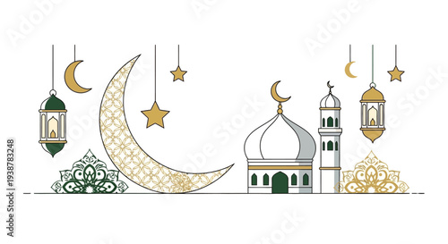 Elegant Islamic Celebration Design with Mosque, Crescent Moon, and Lanterns for Ramadan and Eid Greetings