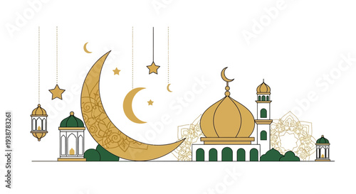 Elegant Islamic Celebration Scene featuring Golden Crescent Moon, Ornate Mosque, Lanterns, and Stars for Festive Greetings