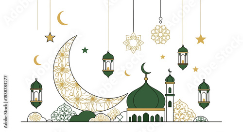 Elegant Islamic Festive Illustration with Mosque, Crescent Moons, Ornate Lanterns, and Golden Stars Decoration
