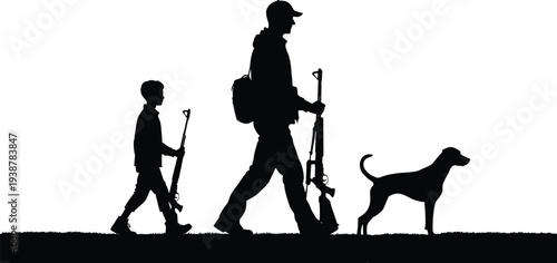 Silhouette of father and son hunting with rifles and dog walking outdoors, family bonding in nature, outdoor adventure lifestyle concept isolated on white background